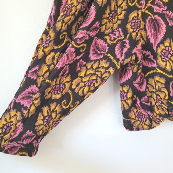 FREE PEOPLE Floral Purple & Yellow Open Back Boat Neck Puff Sleeve Cotton Top - Picture 6 of 15